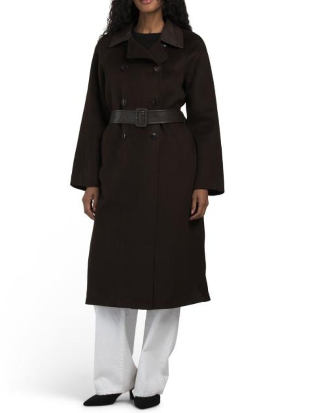 ELIE TAHARI Wool Blend Long Sleeve Notch Collar Long Double Belted Coat